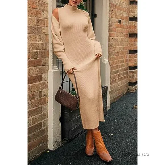 Slim Fit Knit Sweater Dress Set With Cropped Cardigan, Mock Neck, Long Sleeve - Picture 5 of 7